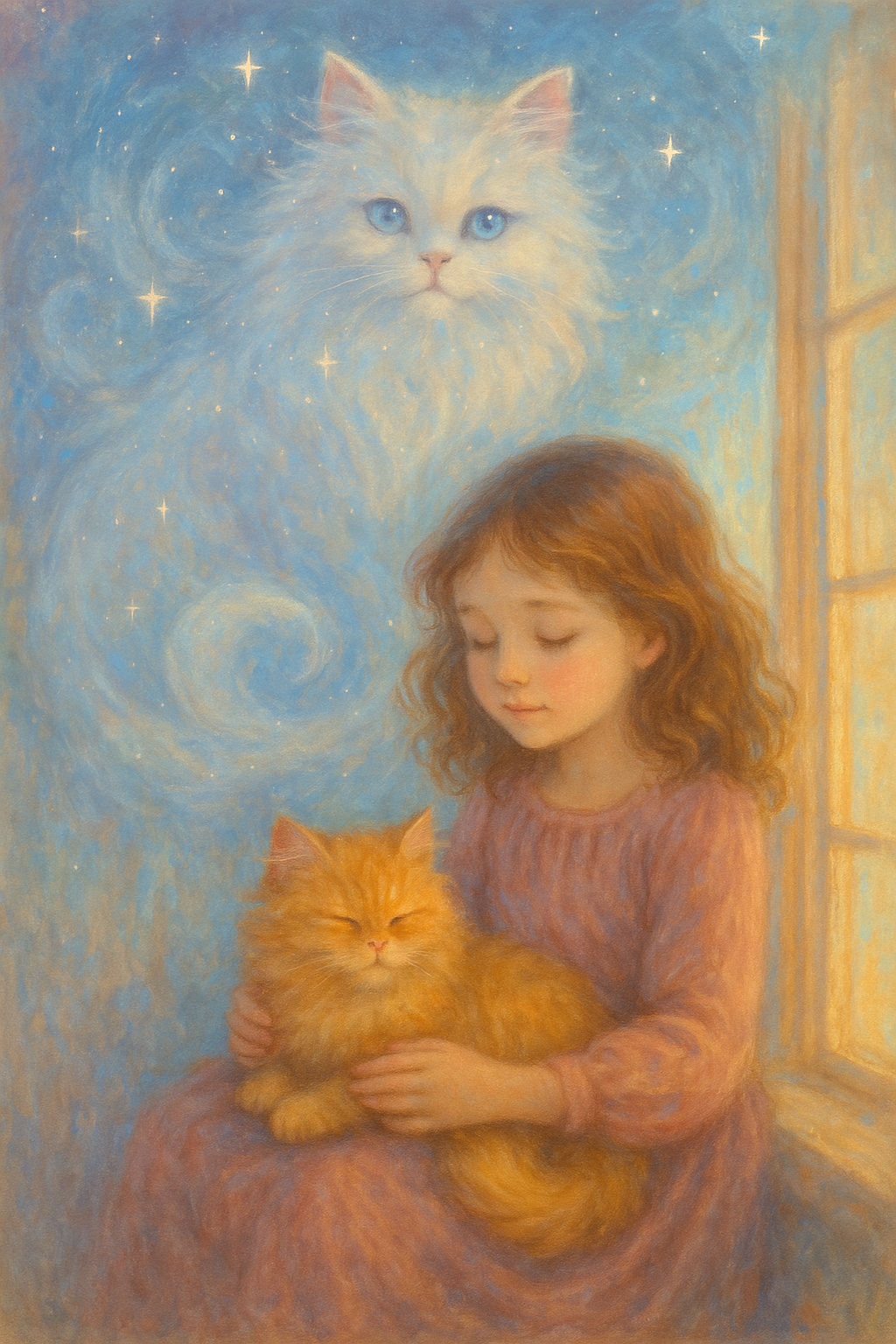 Opal and Max the cat together girl with orange cat on lap and white cat looking down from heaven